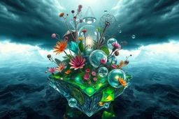 Dynamic complex hypnotic island of 3D structures Symmetry twisting and morphing between cifi plants ,flowers and metal geometric forms , smooth translucent iridescent glass with inner glow and bubbles, varied transparent materials, stormy skies, intense dramatic