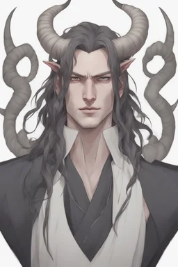 A dnd character portrait, a tiefling man with long hair and two long black horns that curve backwards, white eyes and pale skin. Handsome. Young.