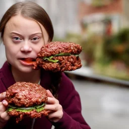 Greta Thunberg eating human meat burgers oozing with grease.full body, fantasy setting, real photo, soft lighting, blood dripping from face