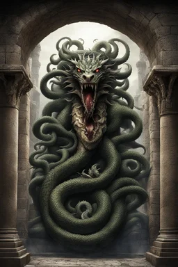 A hydra, a monstrous beast of myth and legend, lurks within the castle's walls. Its seven heads, each one brimming with malevolence, writhe and strain against the chains that hold them captive. Six of the heads, chained tightly, restrict the hydra's movements, confining its destructive potential. But the seventh head, unchained and unrestrained, looms above the others, a constant reminder of the peril that awaits.