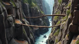 In a fantasy world, a deep gorge with vertical stone sides has a tumultuous river flowing at the bottom. At the top, at ground level, a very tall straight tree has been felled and lies across the gorge, forming a simple bridge. The scenery is awe-inspiring. Colour photograph