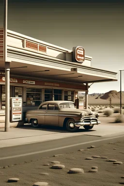 Plakat stojący samochód dodge przed stacją benzynową w starym stylu z pustynnym tłem