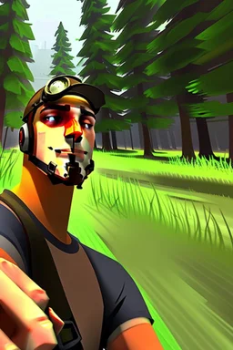 TF2 engineer taking a selfie at the forest