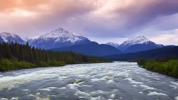 torrential wild white-water river fast flowing rapids dangerous in rural landscape with distant mountains behind