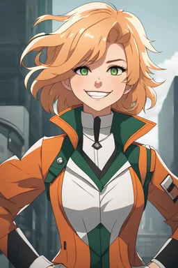 Woman with wild hair, orange and cream-colored hair, dark green eyes, wearing futuristic schoolgirl uniform, cheerful, grinning, urban background, RWBY animation style