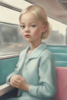 Illustration of model gemma ward as toddler, 1960s in the bus, style of Marcel Marlier, pastel colors