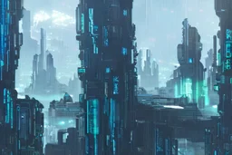 Day, Cyberpunk buildings near the mountains, concept art, sci-fi, tendency to impressionism influence, realistic painting