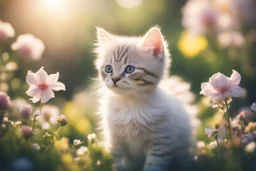 antropomorph kitten flower in a flowergarden in sunshine, ethereal, cinematic postprocessing