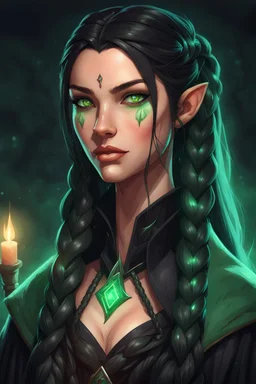 Young beautiful female Hexblood warlock character. Lightly tanned skin. Long straight jet-black hair to the waist. Half-up hairstyle with two loose Dutch braids on each side. Bright glowing pale emerald-green eyes. Delicate face. High cheekbones. Full lips. Soft smile. Slightly pointed ears. Faint dark vine-like markings on neck and collarbone. Black cloak. Realistic dark fantasy. Highly detailed. Cinematic lighting.