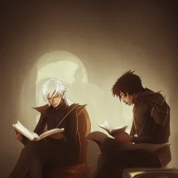 half body shot of calm elf with white hair in brown suit reading a legendary book, fantasy character, somber, gloomy lighting, epic perspective, trending on artstation