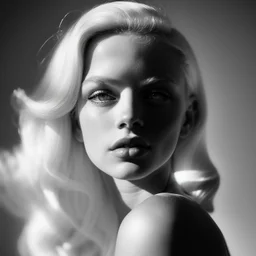 Mujer rubia iluminada, retrato medio cuerpo, iluminada potentemente desde el lado derecho, blanco y negro vaporoso, peinado a lo Verónica Lake al estilo del fotógrafo Hugo Alonso