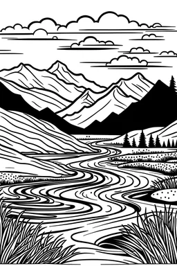 An image of a black and white line art vector illustration, depicting a serene landscape with mountains, trees, and a flowing river. The illustration should have clean lines and an overall minimalistic feel.