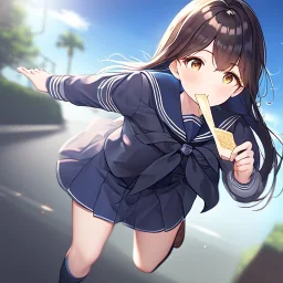 Clear focus,High resolution,High quality, Black long hair, Brown eyes, Detailed clothes, running with toast in their mouth, wearing a sailor uniform