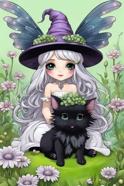 cute happy fairy girl with little wings and rounded (purple eyes), big long silver hair, on her hat sitting a tiny black kitty with green eyes , chibi, 3d anime character, detailed, fantasy style, nice picture in the big meadow with pale colors flowers