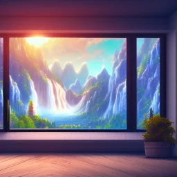 desk, parquet, sheet of paper, little pen, in front of a huge picture window with large view on a waterfall with warm light, sunset ,pixar style, panorama, nature, globe, HD, Hallelujah mountains