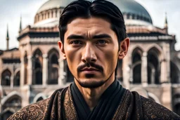 Portrait of a dark-haired man of Turkic appearance against the backdrop of the Hagia Sophia mosque