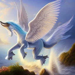 Oil painting, Pegasus, dolphin tail, full body, over ocean