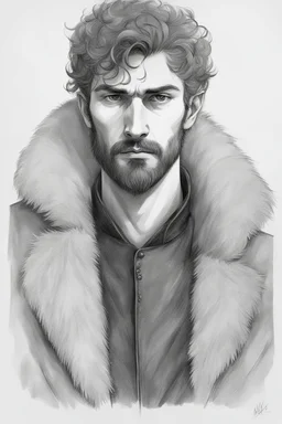 man, age 20, medieval, fighter, russian, croocked nose, czar, rich, simple clothes, short messy hair, thick beard, oligarch, leather coat with fur, brocade clothes, pencil drawing, black or red hair, muscles