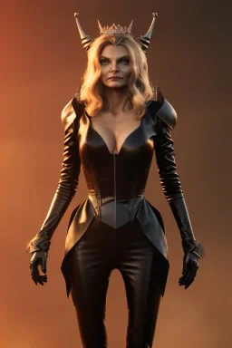 Michelle Pfeiffer as evil queen in black leather, leather, busty, cleavage, angry, stern look. character design by cory loftis, fenghua zhong, ryohei hase, ismail inceoglu and ruan jia. unreal engine 5, artistic lighting, highly detailed, photorealistic, fantasy