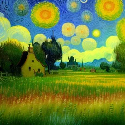 Dibujo al oleo de una pradera con una casa y unos conejos con muchas nubes de colores estilo Vincent van Gogh