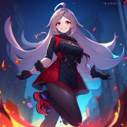 Clear focus,High resolution,High quality, Smiling,Wearing a Fortnite Inspired Outfit,Wearing black long socks, Black Long hair with a ahoge, Red eyes, Wearing black gloves