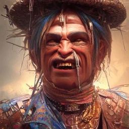 Insanely detailed photograph of an “ El Guapo from three amigos ”, smiling clear face and hyperdetailed painting by Ismail Inceoglu Huang Guangjian and Dan Witz CGSociety ZBrush Central fantasy art album cover art,8K, hdr, epic, mysterious, ominous, hands focused on a glowing D20, jewelry, motivated