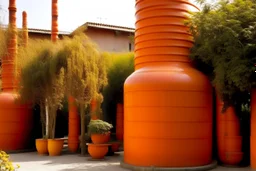 An orange colored plasma plant facility designed in African pottery painted by Georges Seurat