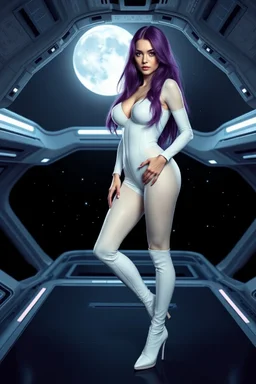 White woman with long purple hair, a good, athletic body, nice legs, and a large bust, dressed in a white latex mini suit and white boots, stay in an alien-like technological ship, black ground moon and stars