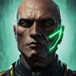 star wars bald male corellian jedi pilot wearing gunmetal grey and black old republic armored robes with gold trim inside the jedi temple holding a lightsaber with viridian green blade in left hand, centered head and shoulders portrait, hyperdetailed, dynamic lighting, hyperdetailed background, 8k resolution, volumetric lighting, light skin, fully symmetric details