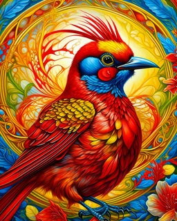 Vibrant and detailed digital illustration featuring a close-up of a cardinal bird with striking red and orange feathers. The bird's large, expressive eye is prominently displayed, surrounded by intricate feather details. The background is a swirling mix of blue and yellow hues, creating a dynamic and lively atmosphere. Surrounding the cardinal are blooming flowers in shades of yellow and pink, with detailed petals and stamen. Additionally, there are several bees with yellow and black stripes, ad