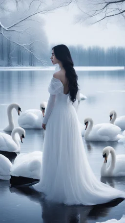 A girl with long black hair wearing a white dress. stands in front of Swan Lake surrounded by snow.cinematic