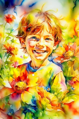 Summer flowers embraced by an alcohol ink splash, resembling Jody Bergsma's super realism infused with hyper-detailed Impressionism in 8K, a gold bar subtly nestled within the vibrant flora, a small, fluffy and slightly tanned boy exuding joy and happiness, all captured in watercolor, peaking in popularity on Artstation, photographed in a studio setting, sharp focus revealing intricate details of each