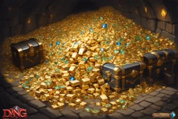 dnd, fantasy, watercolour, large strokes, stylistic, large and deep dungeon, piles of gold, chests full of gold, various gems, various riches, opulent, grandiose