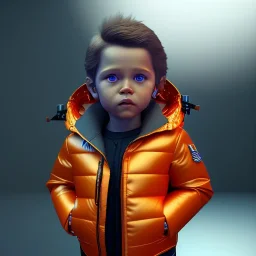 3d render, Willem dafoe toddler, full body, orange puffer jacket, dramatic lighting, volumetric lighting, concert background, hyper realistic, unreal engine 5, 8k, UHD,