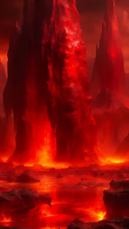 Lava lake in hell with land surrounding it, realistic close up