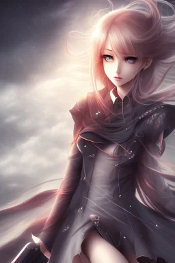 Stunning anime beauty with striking looks in a stormy background