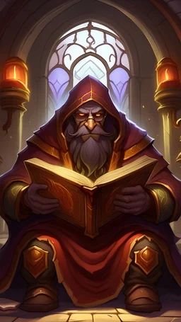 Design a hearthstone card of someone reading a sacred book