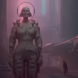 cyberpunk saggy granny woman, abandoned sci-fi town, future, sci-fi
