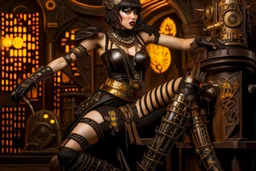 a pale-skinned Cleopatra, with a bob hairstyle, in a steampunk setting, black boots, in a fighting stance