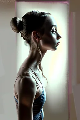 a beautiful ballerina, in a studio, Infront of a mirror, side profile with eyes looking slightly Down, her reflection in the mirror is however looking straight back at her and not looking down, scary, dark undertone, 12k, detailed painting, thick impasto and textures with rough brush strokes, chaos background with cracked paint, peeling off