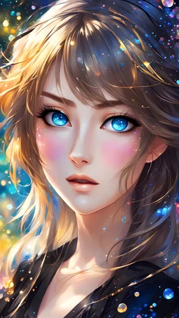 Please create a beautiful and attractive digital painting of a young anime girl. She should have shiny, dark golden medium hair and bright blue eyes. She should be wearing a black dress that is covered in gorgeous, colorful dew drops. The painting should be a full body view of the girl, and she should be surrounded by a dreamy and magical land that is colorful and enchanting.