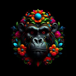 logo design, complex, trippy, bunchy, 3d lighting, 3d, gorilla, realistic head, colorful, floral, flowers, cut out, modern, symmetrical, center, abstract, circular shape, black background