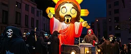 200 ft tall floating cartoonish jesus parade balloon pulled by multiple grim reapers, multi colored, bright, vivid, psychedelic, high detailed, high gloss, insanely detailed, matte, horrorcore, lining the street, unsettling contrast, monument to death, live action shot grim reaper parade, pullin