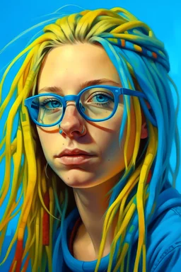 young Girl in glasses with blond and blue dreads, realistic, pop art, bright colors