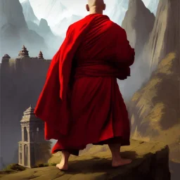 Portrait of a monk, red robe, mountain background, fog, distant temple, face front, grim, Frank Frazetta, Greg Rutkowski, hyperdetailed, dnd, trending on Artstation, Splash screen art, dynamic lighting, hyperdetailed, intricately detailed, a masterpiece, 8k resolution, high contrast, bearded,