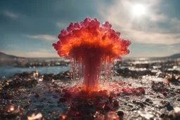 Atomic explosion, made of jelly, ULTRA REALISTIC, details, intricate detail, professional lighting, film lighting, 35mm, anamorphic, lightroom, cinematography, bokeh, lens flare, film grain, hdr10, 8k, Roger Deakins, incredibly detailed, reflect, sharpen