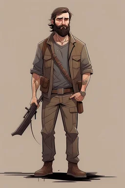 man, beard, brown hair, illustration, looking serious, full body, standing, mean,, looking sideways, holding a riffle