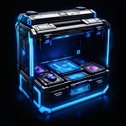 chest containing valuable supplies, cyberpunk style, blue lighting, black background, video game icon