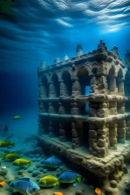 An underwater castle filled with fish designed in ancient Roman mosaics
