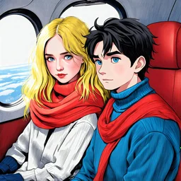 Sketch of a girl like elle fanning with yellow hair and large red scarf and à boy with black hair and blue eyes, a turtleneck sweater, sitting in a plane